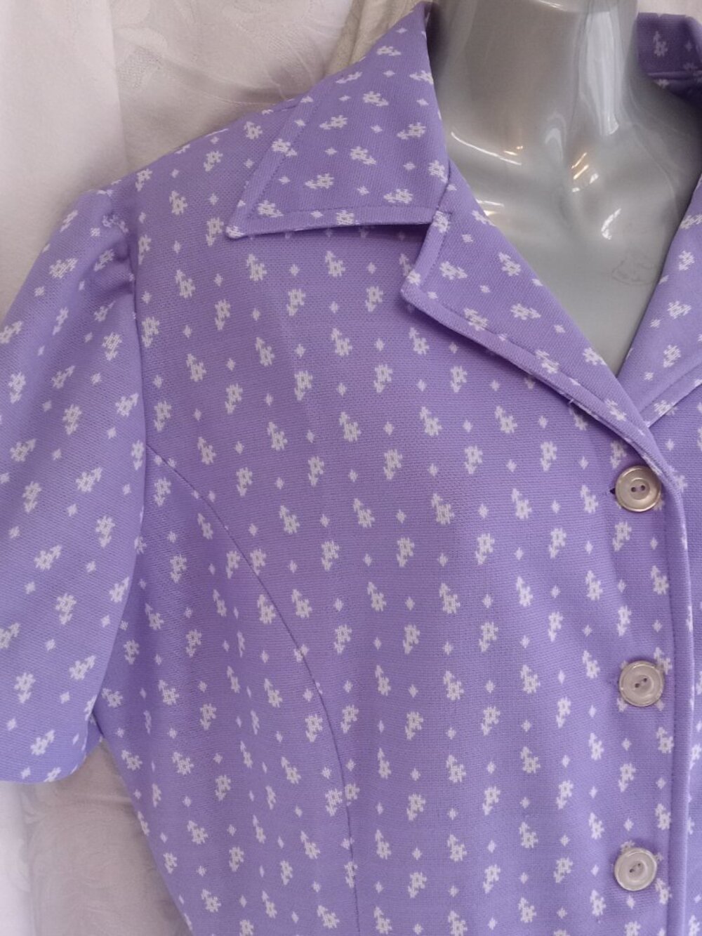 Vintage 70's Woman Light Lilac Purple White Mod Abstract Flower Blouse XL Shirt - Picture 7 of 11
